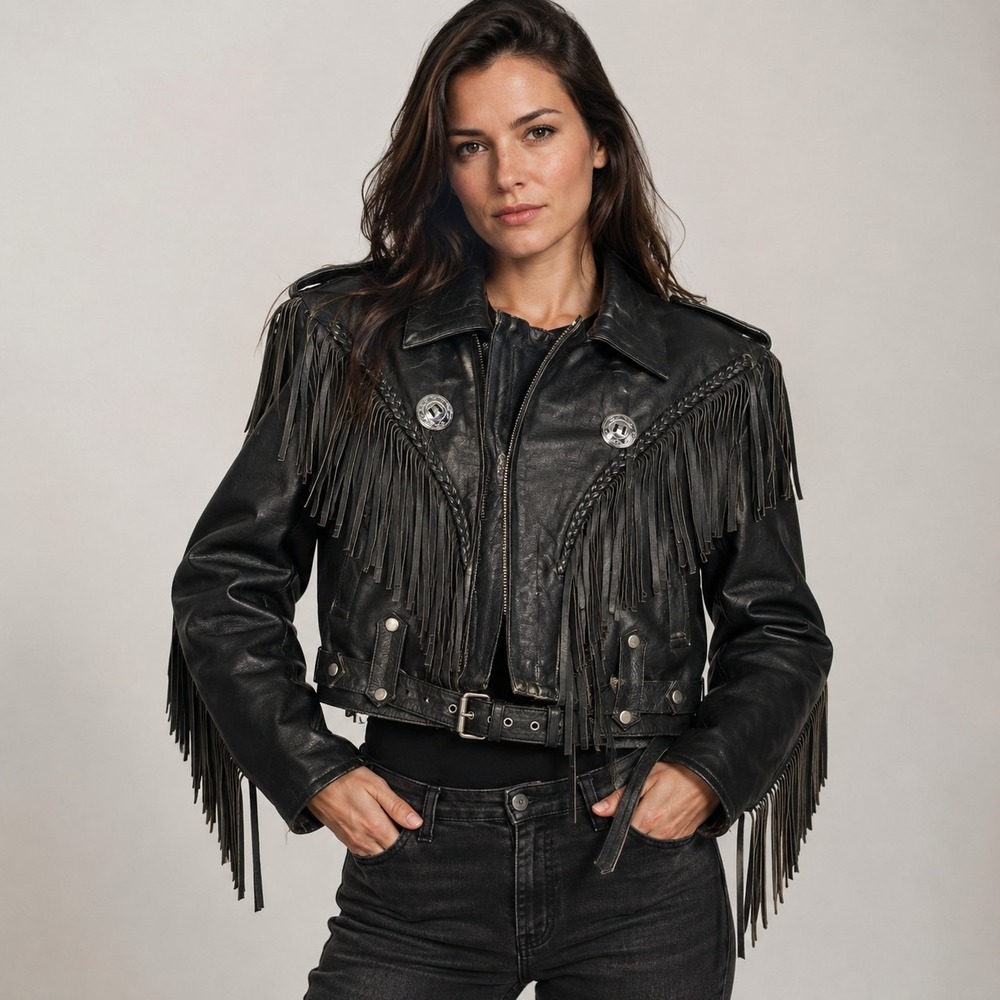 Vintage First Genuine Leather Fringe Concho Biker Jacket Women Small 36 Black